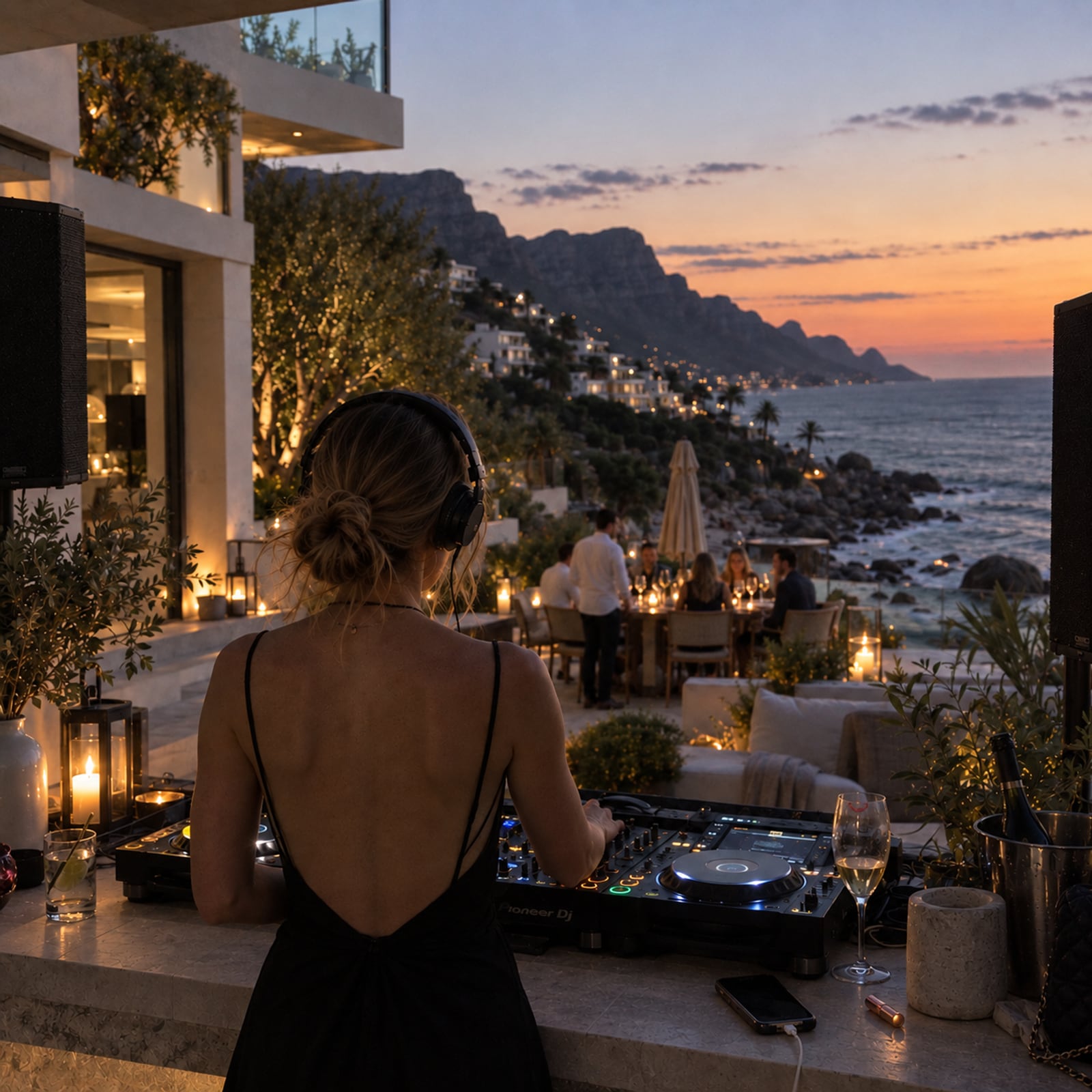 A DJ playing on a villa terrace at dusk, guests at a candlelit table, the Atlantic beyond