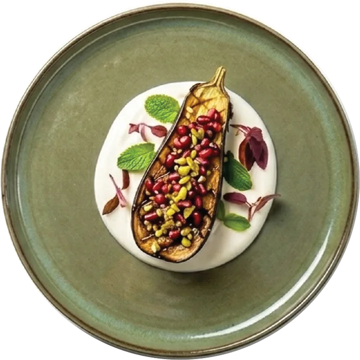 Roast aubergine with pomegranate and pistachio on yoghurt