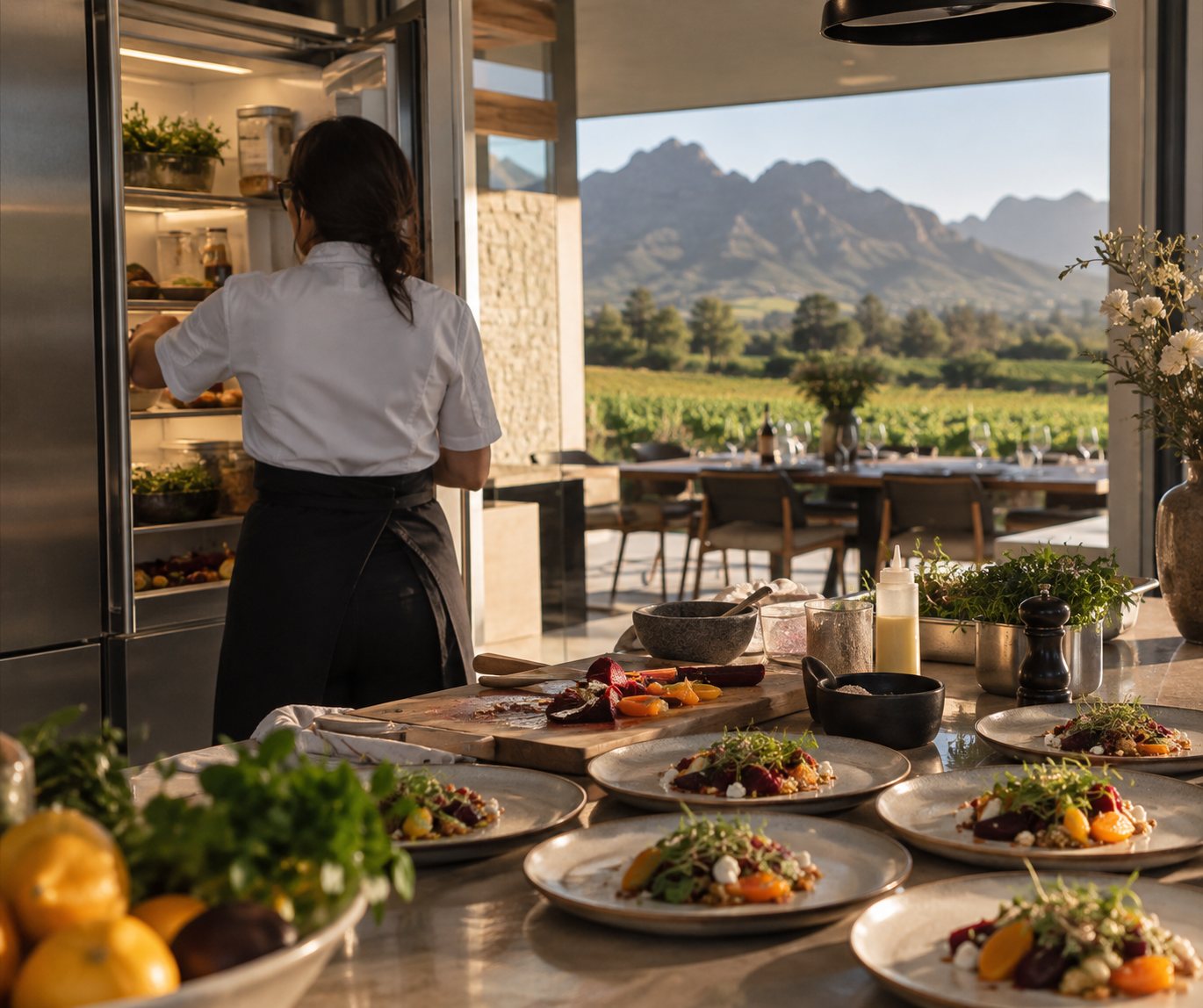 A chef plating in a villa kitchen, vineyards and mountains beyond